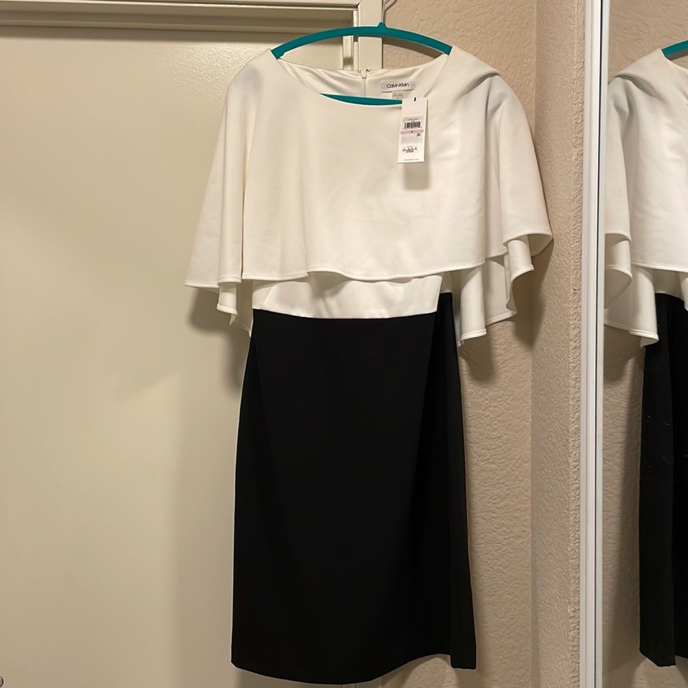 Calvin Klein flown cape dress black and white